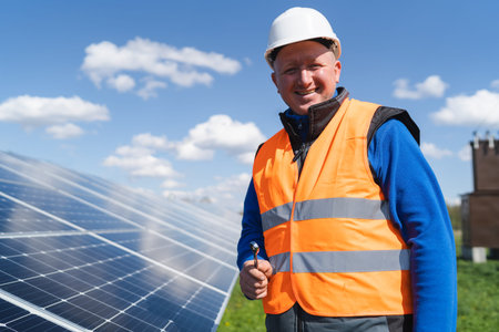 Portrait of electrical engineer with wrench on solar power plant