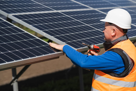 Solar power plant worker with electric wrench in his hands inspects panels