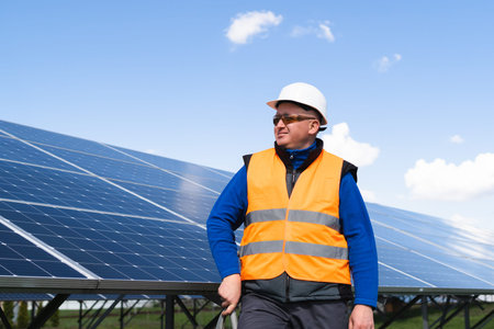 Portrait of a male electrical engineer on the background of solar panelsの写真素材