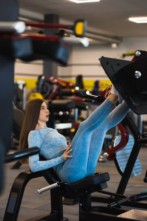 Girl doing fitness training on a leg extension press machine with weights in a gym