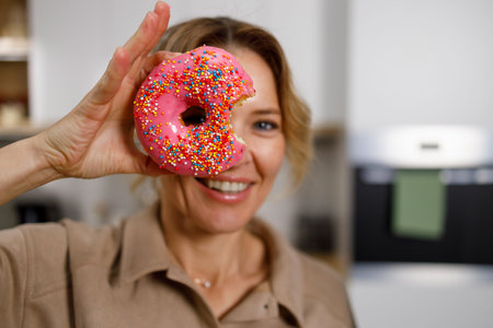 Pretty adult woman covering her eye with a bitten donut at the kitchen