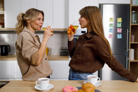 Mother and adult daughter drink juice in the kitchen during lunchの写真素材