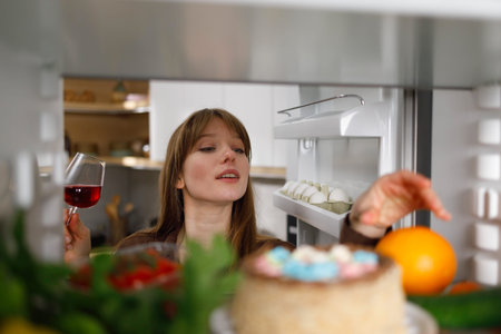 Woman with a glass of red wine in her hand takes an orange from the refrigerator in the kitchenの写真素材