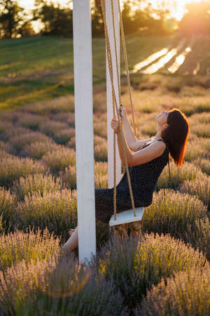 Happy woman on swing in a lavender field during sunsetの写真素材