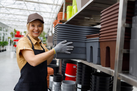 Pleasant woman taking out flower pots from shelving in garden centerの写真素材