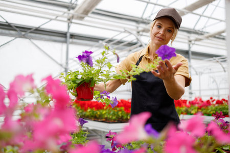Happy woman taking care of flowers in greenhouse