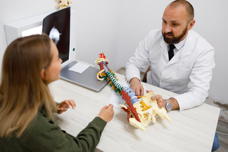 Young woman at the appointment with a traumatologist or orthopedistの写真素材