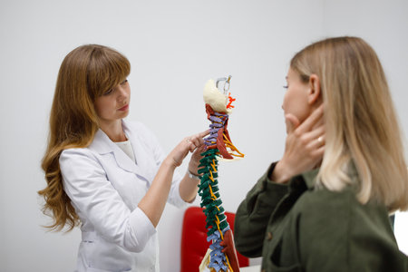 Orthopedist or neurologist shows the problem areas on the model of the spine to female patient and explains the cause of her painの写真素材