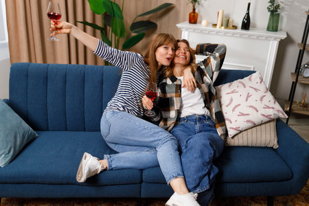 Cheerful mature mother and adult daughter talking, laughing and hugging while drinking wine on sofa at homeの写真素材