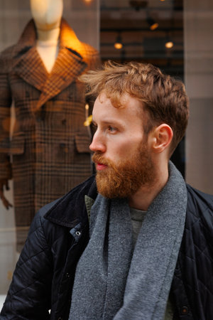 Close-up portrait of a bearded man outdoorsの写真素材