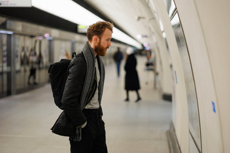 Bearded man looks at a subway train mapの写真素材