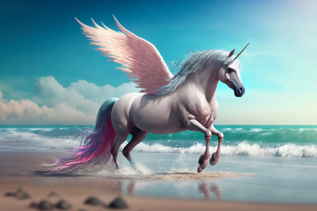 Unicorn rainbow color with wings on sea salt, run jump, at the beach seashore. Generative AIの素材