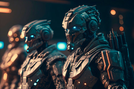 Futuristic robot army or group of cyborgs. Generative AIの素材