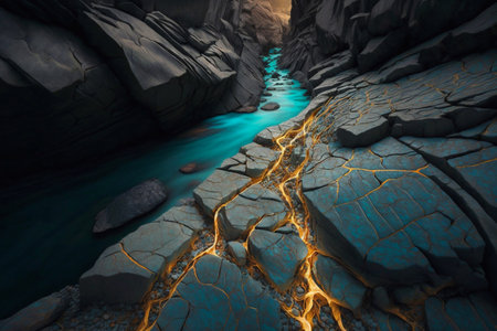 A stream running through the canyon and steep rock walls. Generative AIの素材