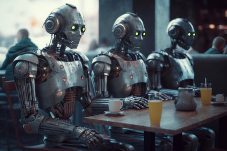 Humanoid robots sitting in a restaurant. Generative AIの素材