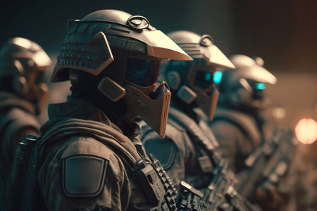 Group of heavily armed military robots or very detailed futuristic cyborgs. Generative AIの素材