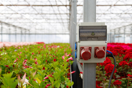 Electrical panel with a socket and circuit breaker in a greenhouse against the background of flowersの写真素材