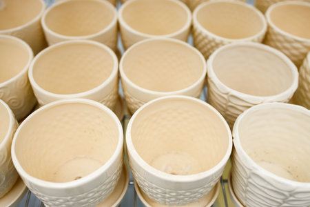 Top view of many empty flower potsの写真素材