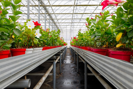 Many flowers in pots on racks in a greenhouse. Floriculture industry businessの写真素材