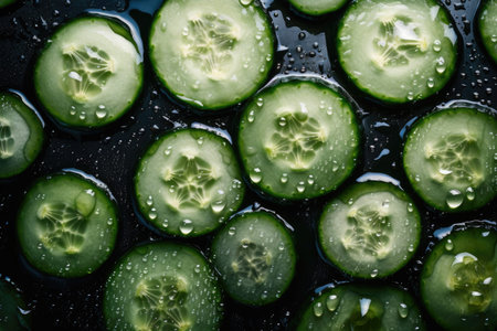 Sliced cucumber with splashing water. Generative AIの素材