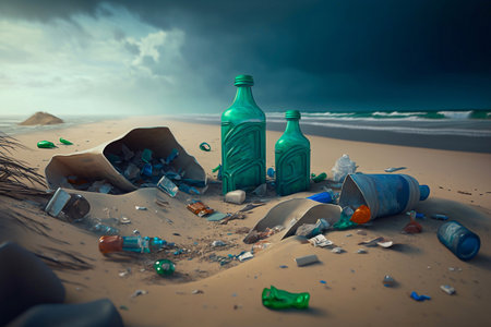 beach pollution. Plastic bottles and other trash on the beach. Generative AIの素材