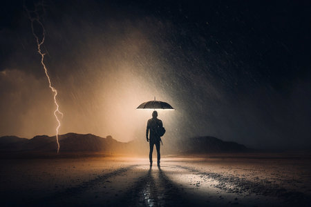 Man with an umbrella stood in the middle of a lightning storm. Generative AIの素材