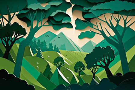Eco green nature forest background template.Forest plantation with ecology and environment conservation creative idea concept paper art style. Generative AIの素材