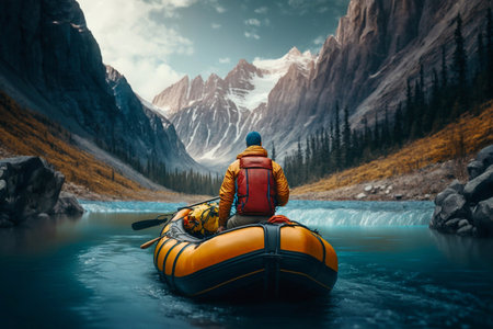 Man is rafting down a mountain river in an inflatable boat. Generative AIの素材