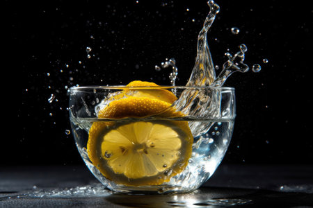 Lemon dropped on water in a transparent glass. Generative AIの素材