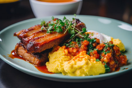Pork belly and scrambled eggs. Generative AIの素材