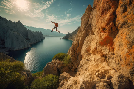 Climber jumping from a high cliff to another high cliff, sunny day. Generative AIの素材