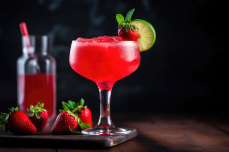Cold summer strawberry cocktail with lime and mint. Generative AIの素材