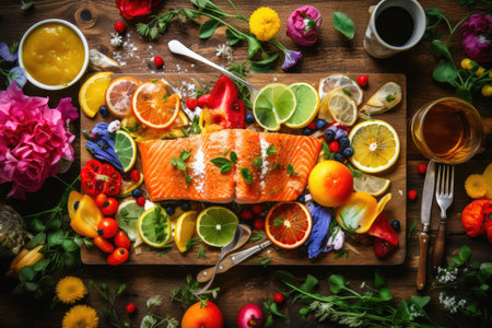 Tasty fillet of grilled salmon and vegetables. Generative AIの素材