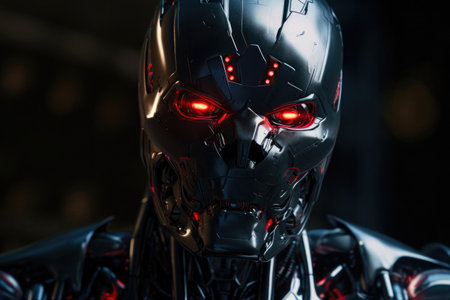 Portrait of ultron, front facing, shining metal skin, red eyes. Generative AIの素材