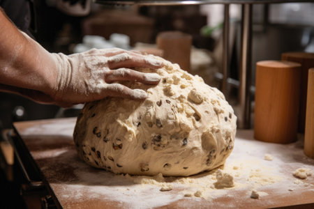 Hands knead the dough for baking. Generative AIの素材