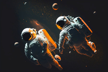 Fantasy Universe background with two astronaut floating in empty space, planets and stars. Generative AIの素材