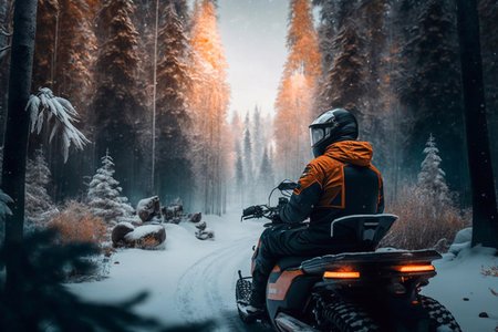 Man rides a snowmobile through the snowdrifts in winter day. Generative AIの素材