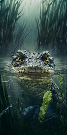 A Young Alligator in the Water. Generative AIの素材