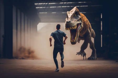 Man running away from a dinosaur. Generative AIの素材