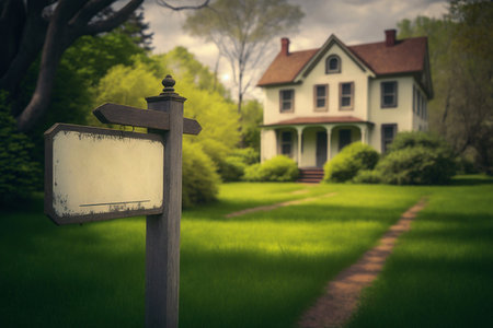 Sign "for sale" on the background of a beautiful American house. Generative AIの素材