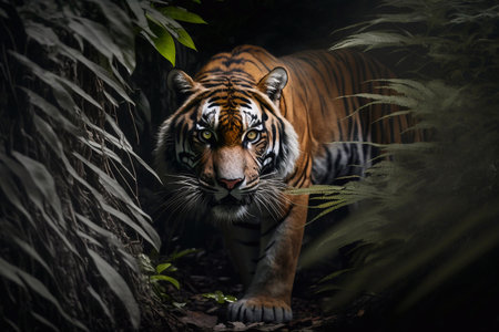 Tiger in tropical rainforest at night dark background. Generative AIの素材