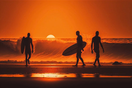 Silhouettes of surfers walking with board at sunset. Generative AIの素材