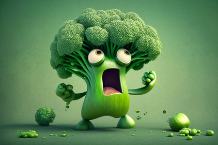 Green broccoli as a cartoon character, Generative AIの素材