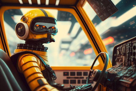 Robot taxi driver sits at the wheel of a yellow taxi. Generative AIの素材