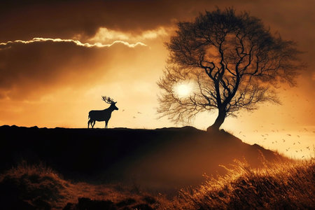 Female Red Deer walking on hill with sunset. Generative AIの素材