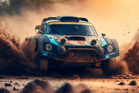 Off road vehicle coming out of a mud hole hazard, mud and water splash in off-road racing. Generative AIの素材
