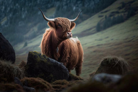 Large highland cattle in a meadow in top of a hill. Beautiful dramatic scenery. Generative AIの素材