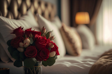 Stylish interior of bedroom decorated for Valentine's Day celebration. Generative AIの素材