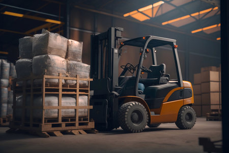 Forklift working in Warehouse industrial premises for storing materials and wood. Generative AIの素材