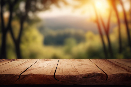 Empty wooden table with blurred natural background. Generative AIの素材